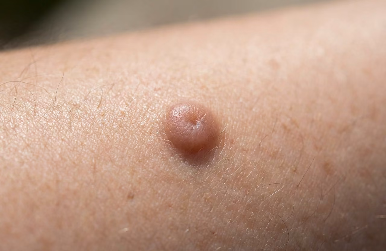 Close-up van een dermatofibroom op het been: een klein, hard, roze-bruin bultje met een lichte kuiltjesvorm bij aanraking