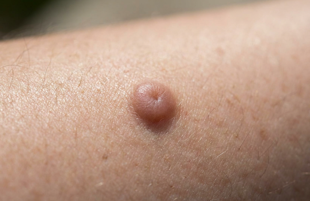 Close-up van een dermatofibroom op het been: een klein, hard, roze-bruin bultje met een lichte kuiltjesvorm bij aanraking