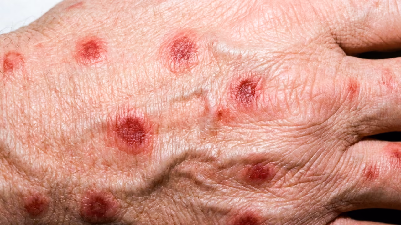 Rode schietschijflaesies op de huid bij erythema multiforme (EEM)