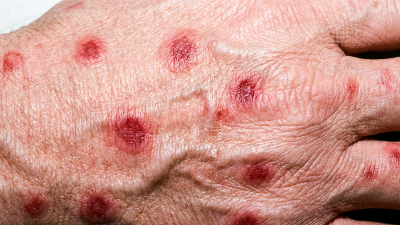 Rode schietschijflaesies op de huid bij erythema multiforme (EEM)