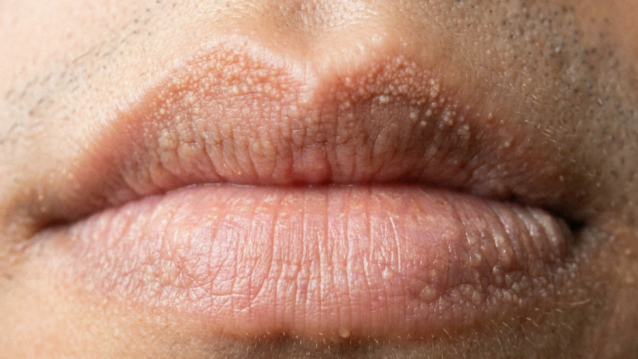Kleine witte Fordyce spots op de lippen: kenmerkend beeld van ectopische talgklieren