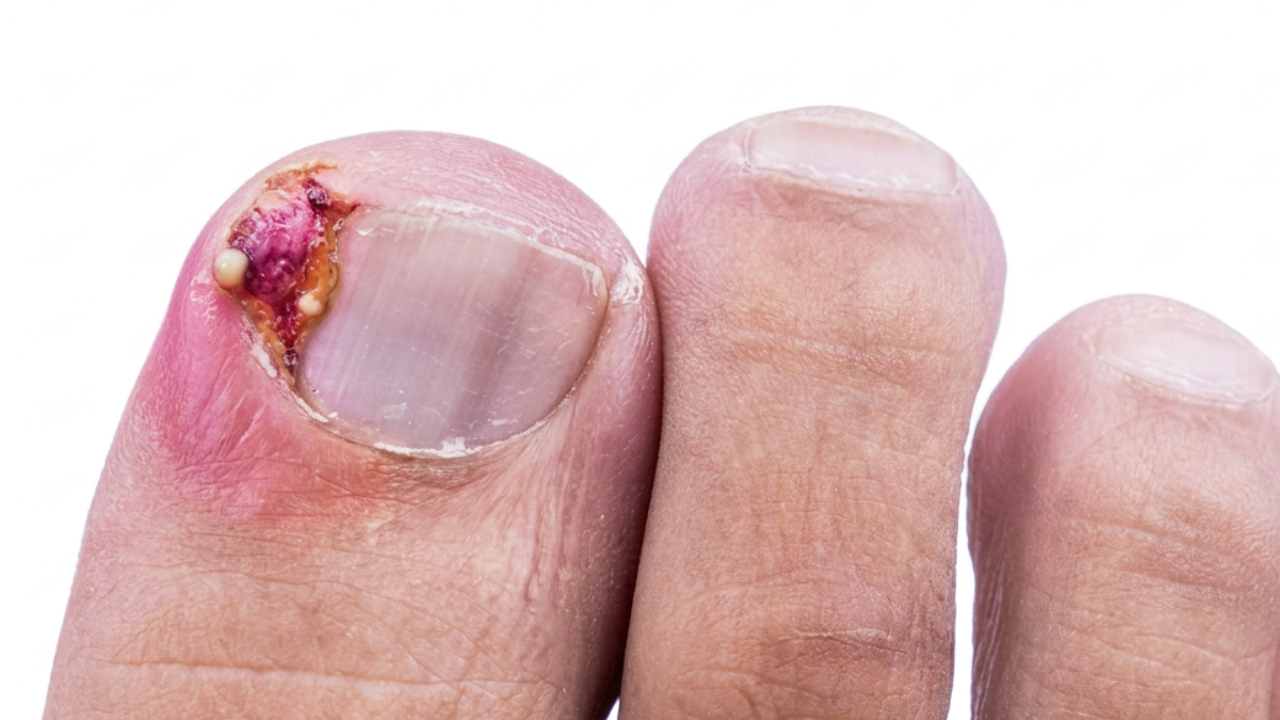 Ingegroeide teennagel: ontstoken nagelrand met zwelling en pusvorming op de grote teen
