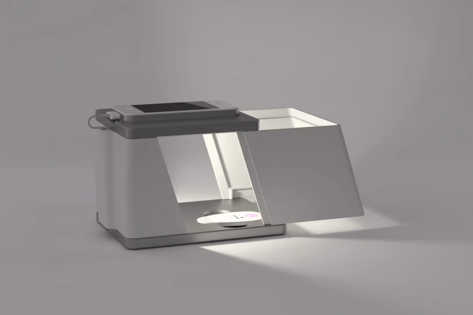 Smartphone stand opened to show light coming out