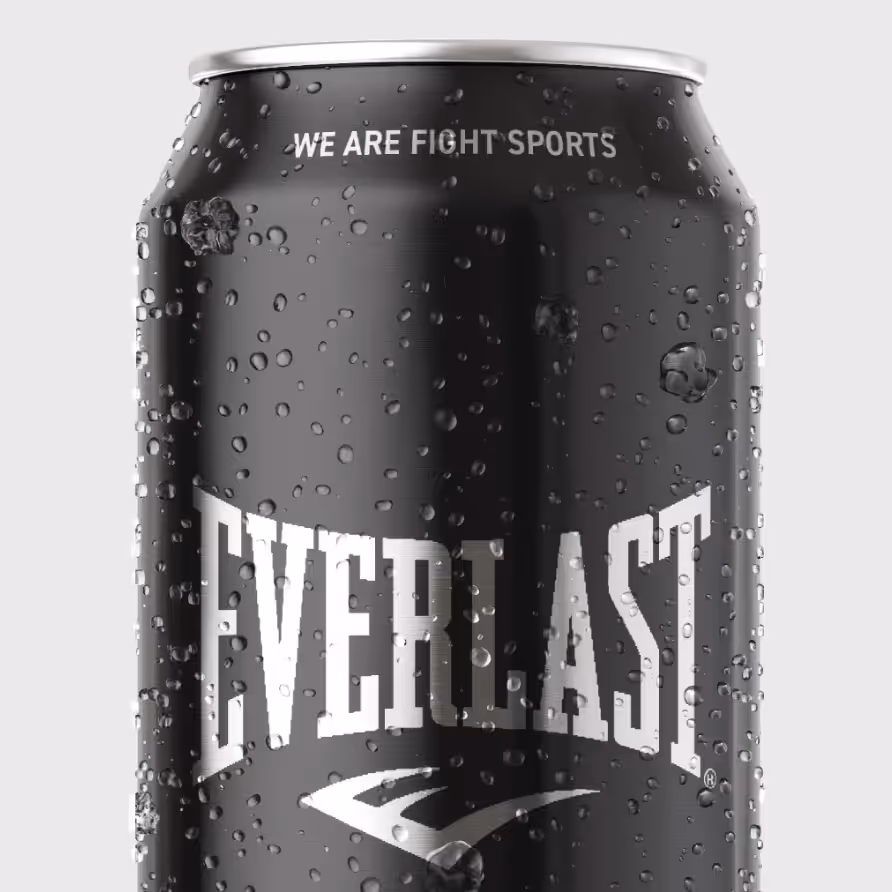 Close-up of a black Everlast branded beverage can with water droplets on its surface.