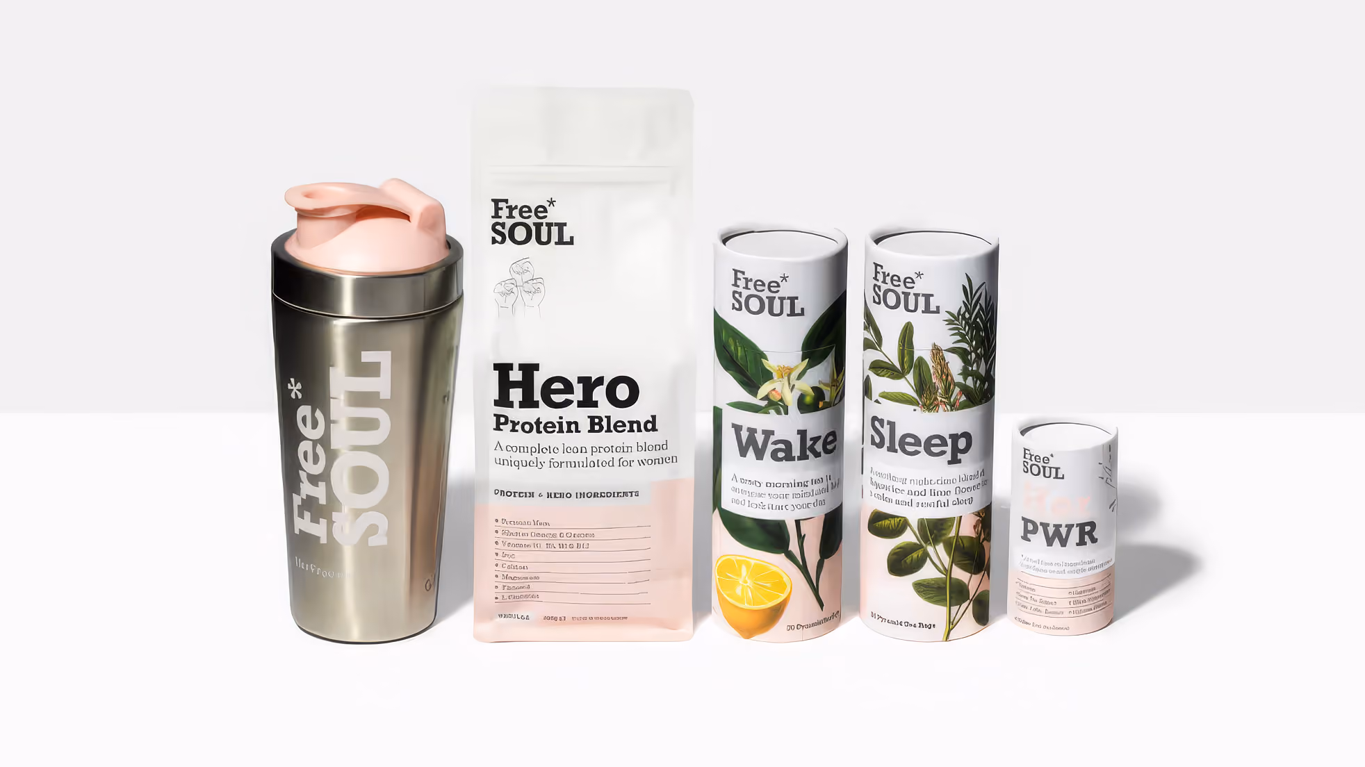 Five Free Soul wellness products including shaker, Hero protein blend, Wake, Sleep, and PWR supplements.