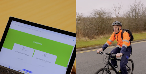 Man riding a bike next to an image of an emissions calculator
