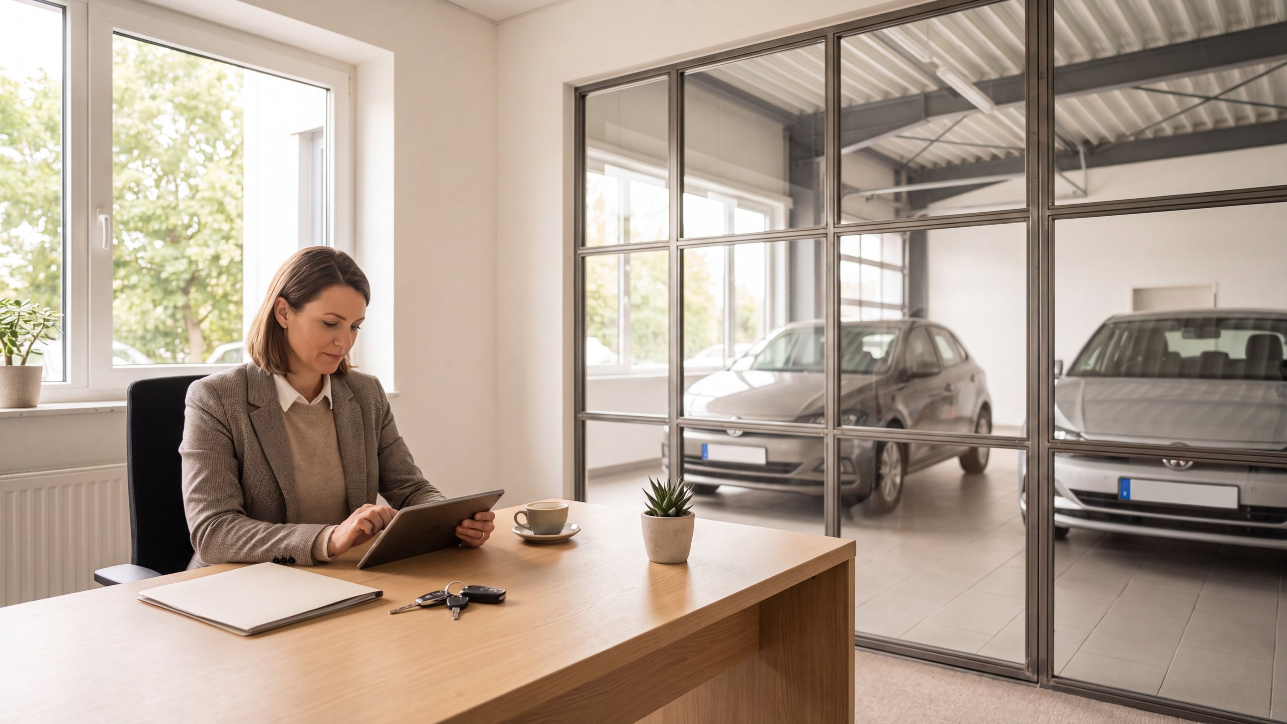 Autoverkäuferin arbeitet am Tablet in Büro mit Showroom-Blick.