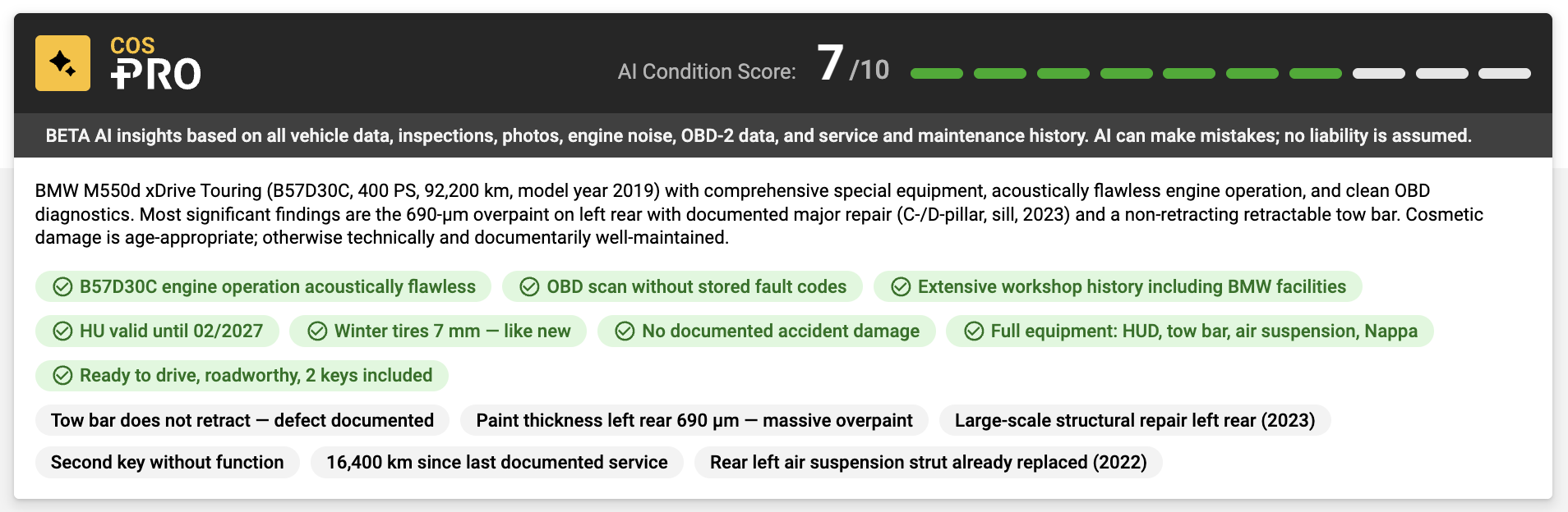 BMW M550d xDrive Touring AI condition score 7/10 with clean diagnostics, no accident, and ready to drive.