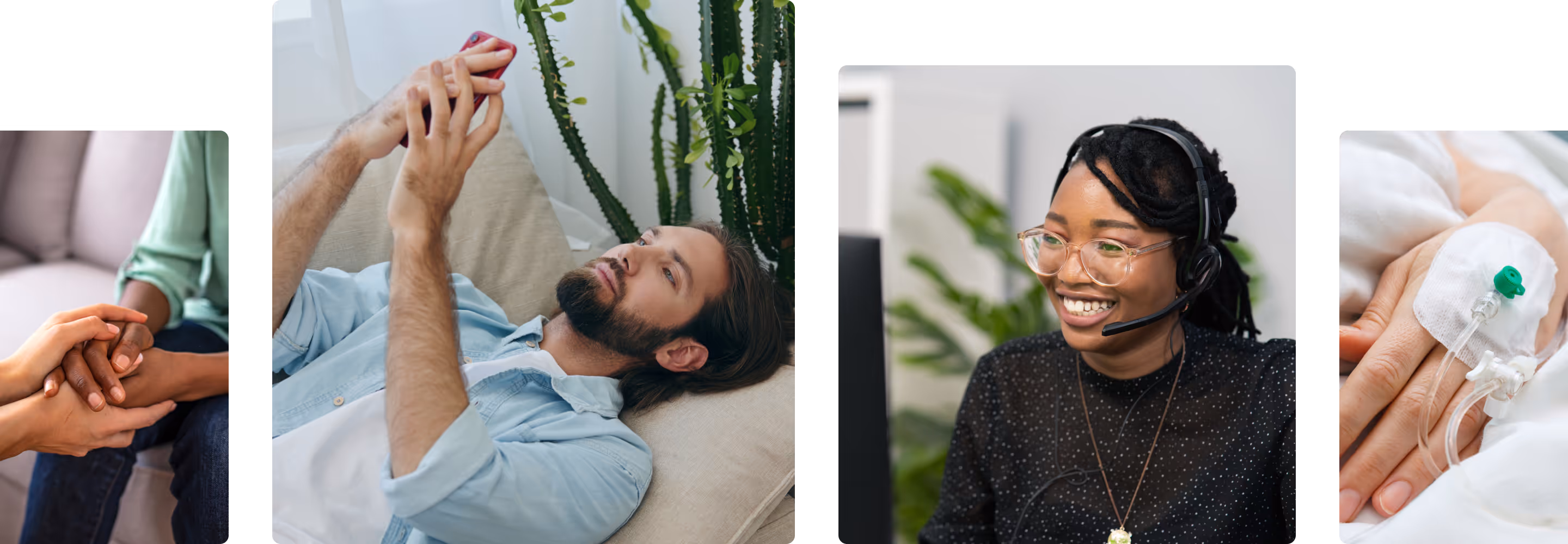 Carousel: Hands offering comfort, man pensive amid financial challenges, compassionate customer support, and a patient's struggle with loan repayments due to illness.