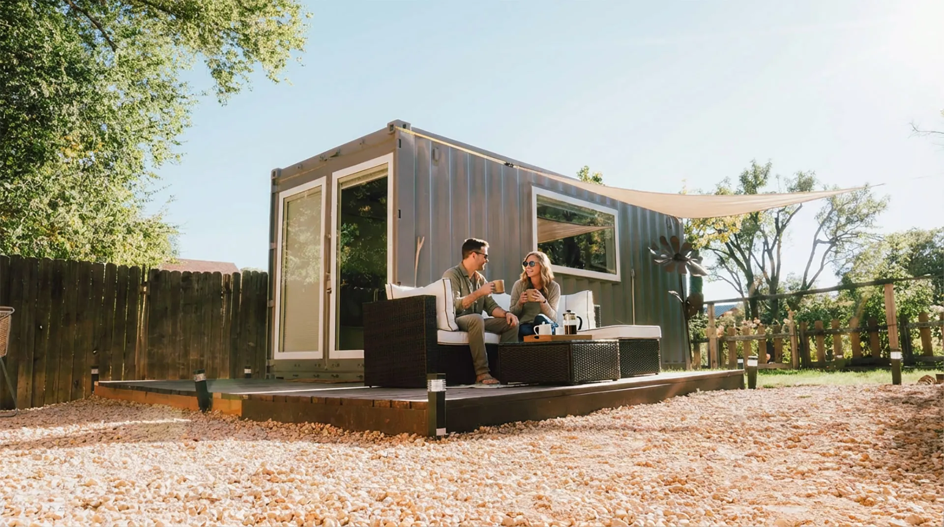 A couple sitting on a cushioned outdoor sofa on a wooden deck in front of a modern tiny house, enjoying coffee together.