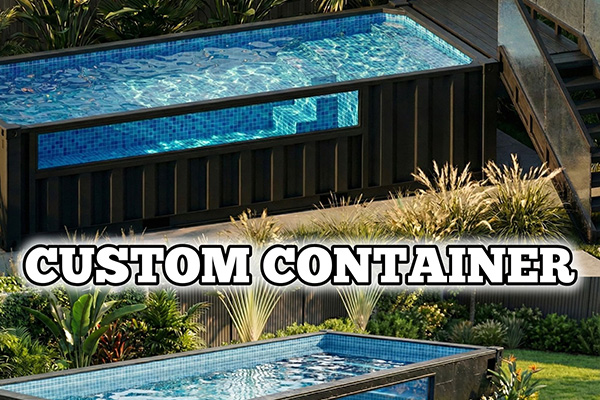 Custom outdoor swimming pool made from a repurposed shipping container with blue mosaic tile interior and surrounding greenery.