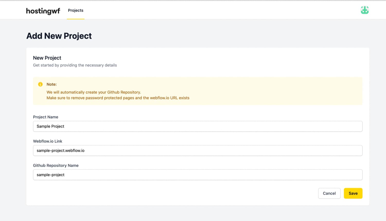 create a project for your webflow website on hostingwf