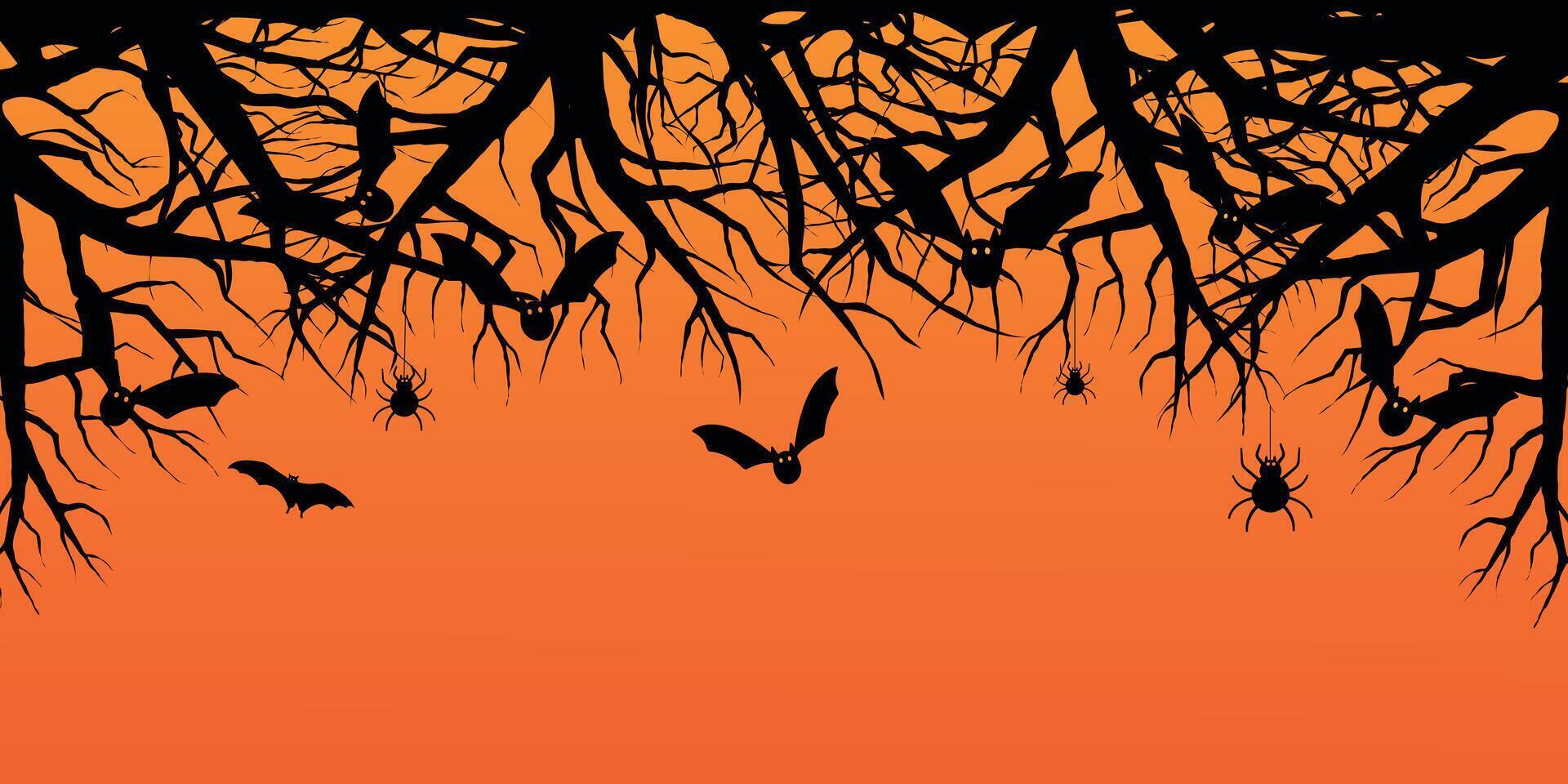 Silhouetted black bats hanging from and flying among leafless tree branches and hanging spiders on an orange gradient background.