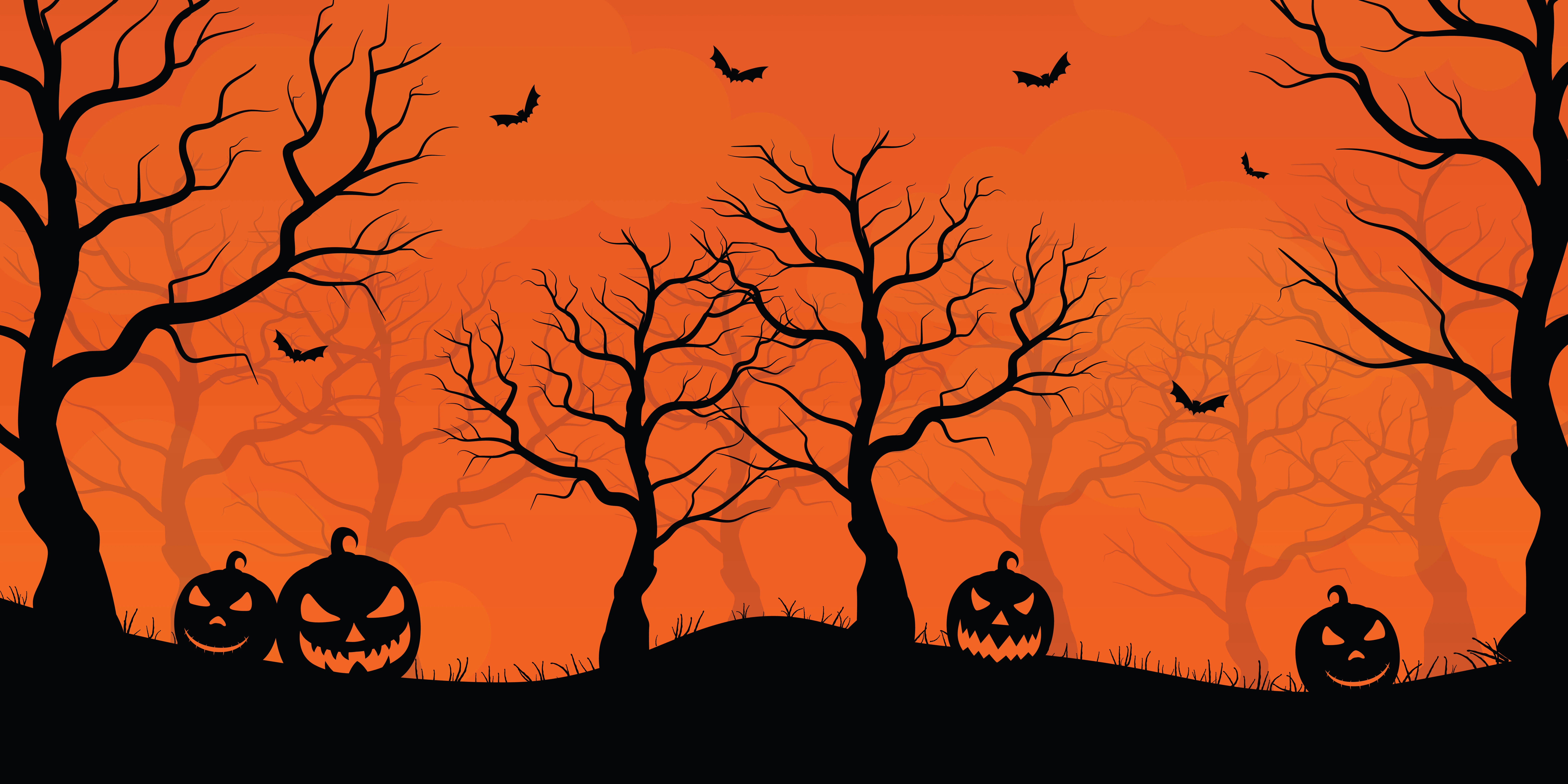 Halloween scene with black silhouettes of bare trees, four carved jack-o'-lantern pumpkins with menacing faces on a hill, and bats flying against an orange background.