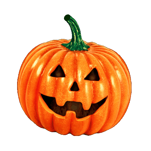 Carved orange pumpkin with triangular eyes, a triangular nose, and a jagged smiling mouth with two teeth, topped with a short green stem.
