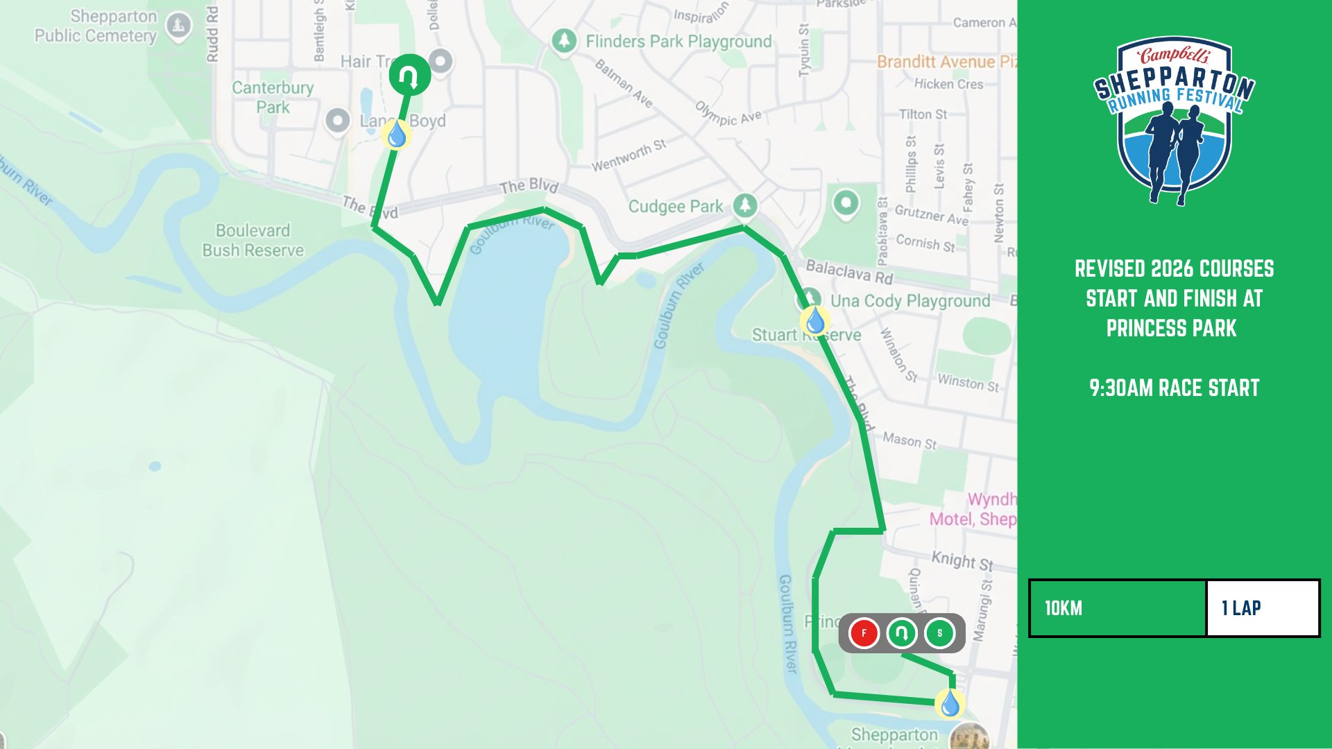 10km revised course map — Princess Park start/finish, 9:30am