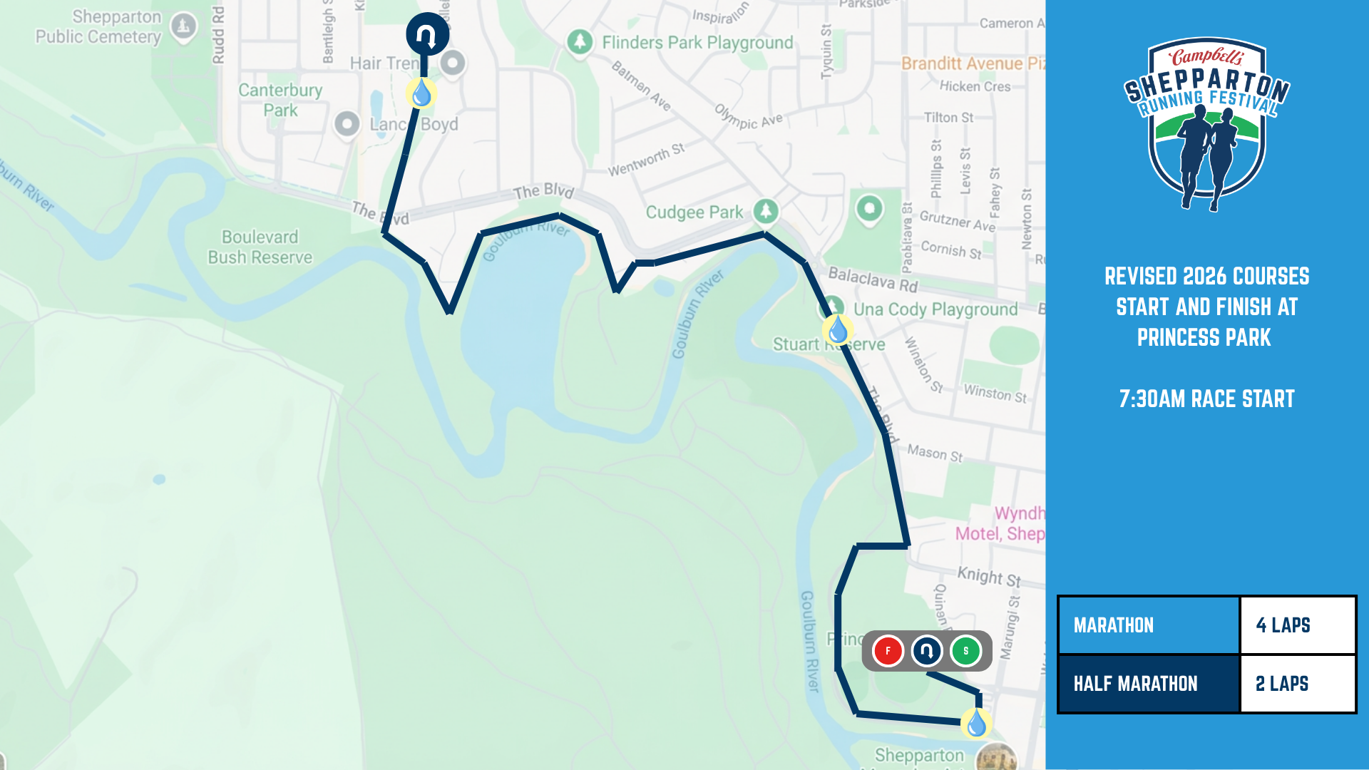 Marathon and Half Marathon revised course map — Princess Park start/finish, 7:30am