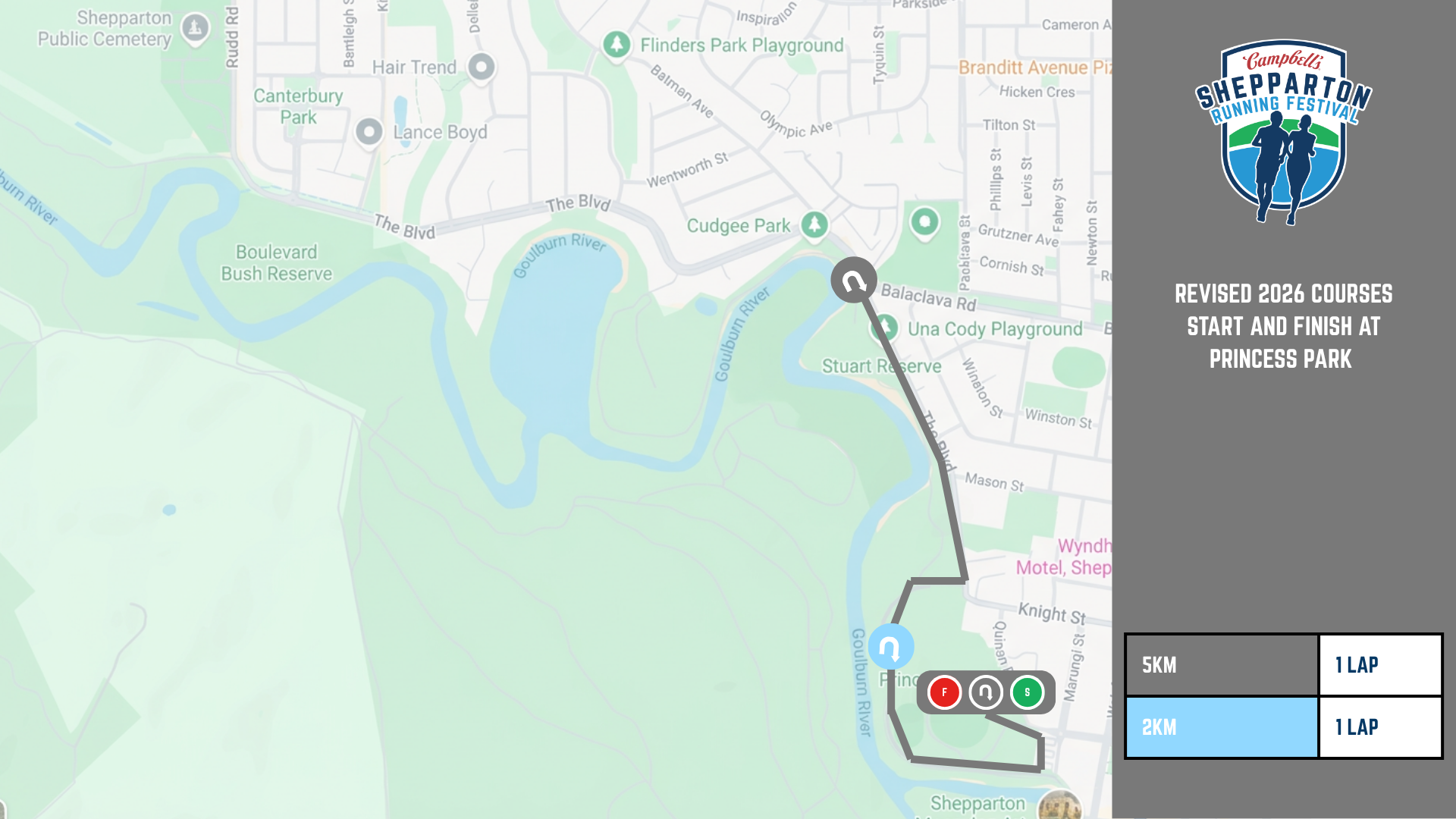 5km and 2km revised course map — Princess Park start/finish