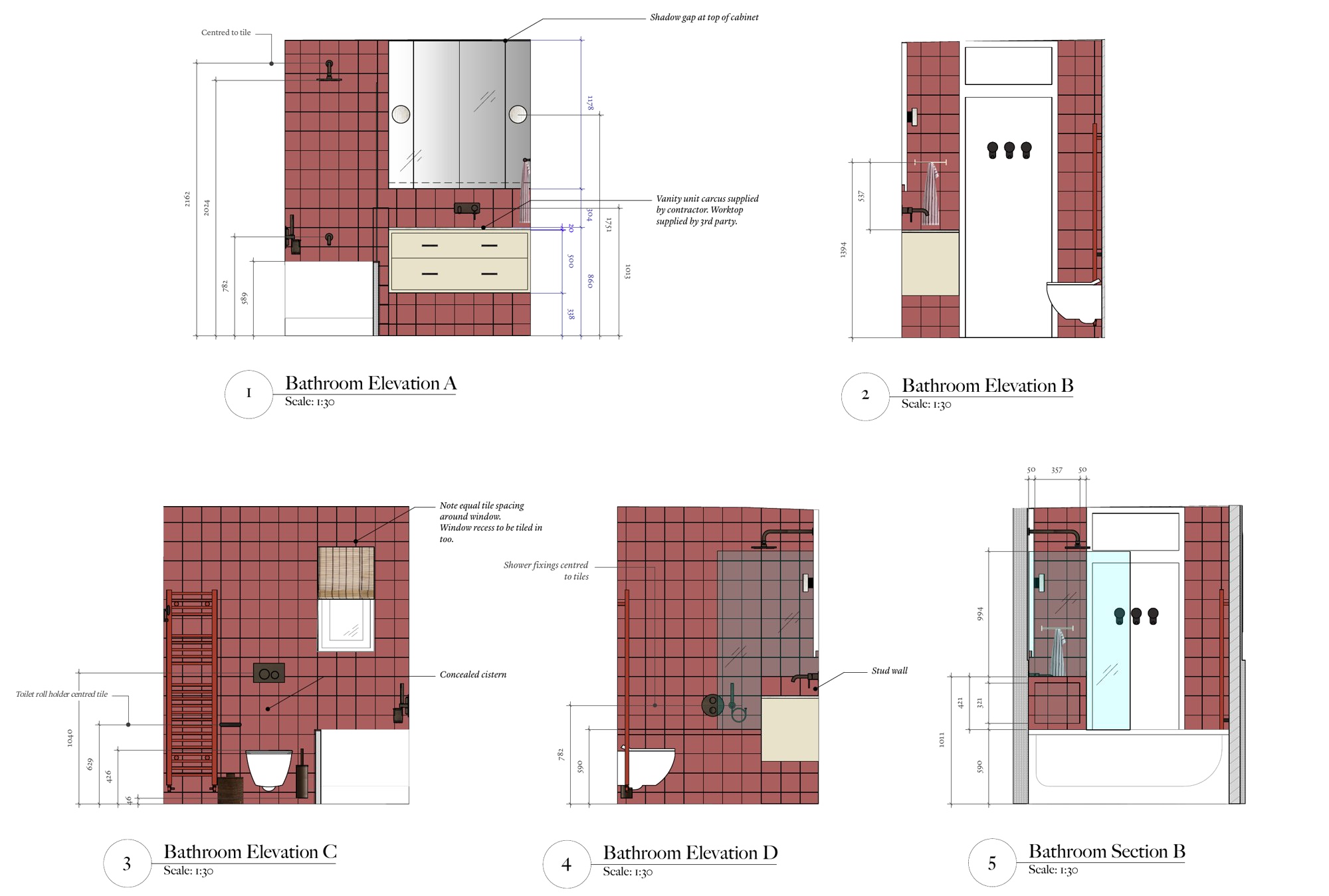Bathroom elevations and section, drawn at 1:30, showing tiling, joinery and fittings