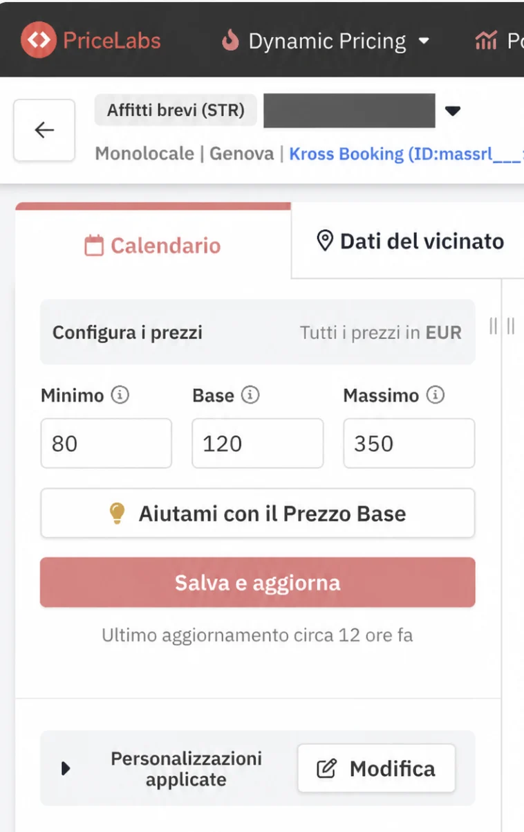 Configurazione PriceLabs con prezzo minimo, base e massimo