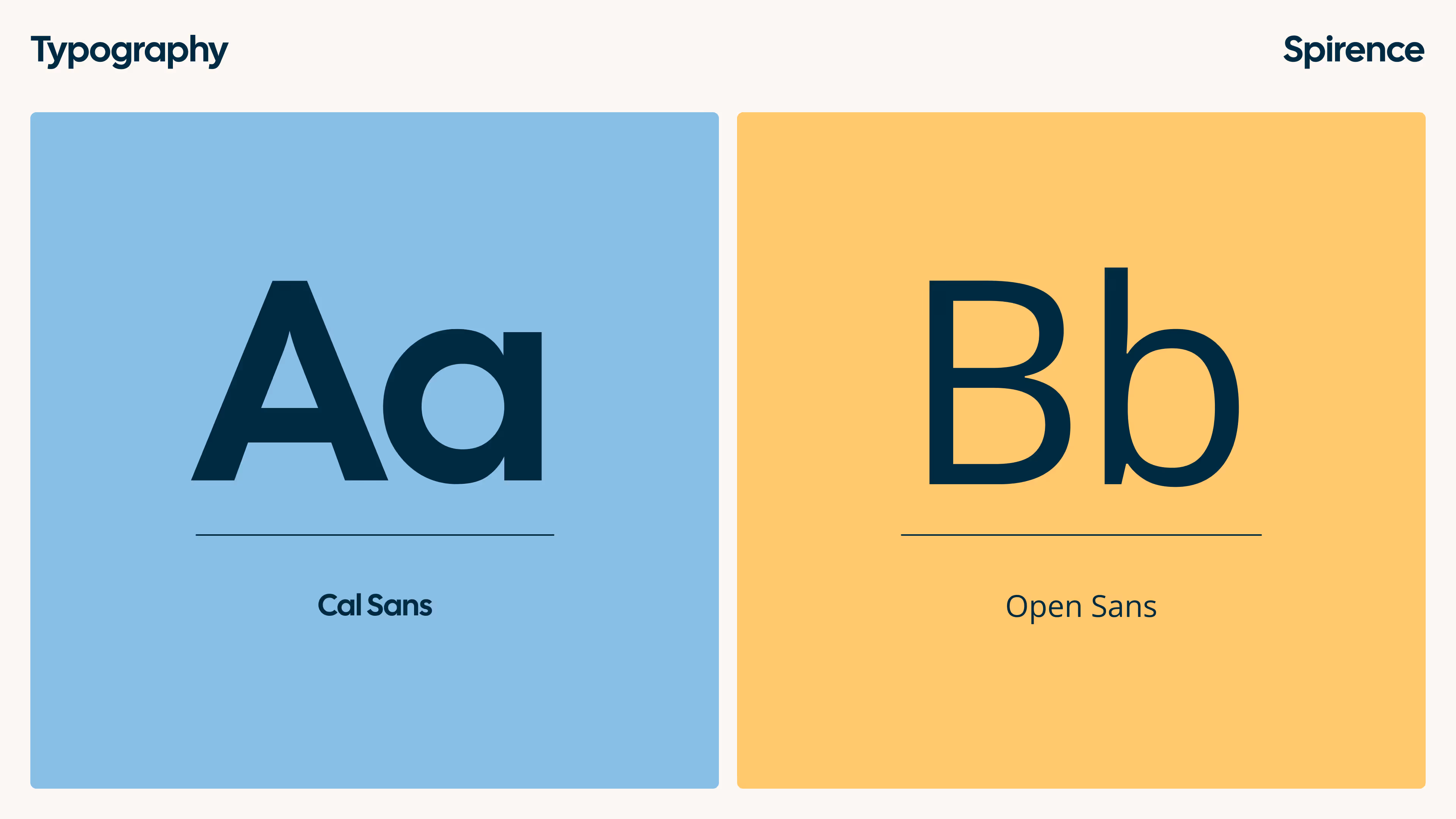 Typography comparison showing 'Aa' in Cal Sans font on blue background and 'Bb' in Open Sans font on yellow background.