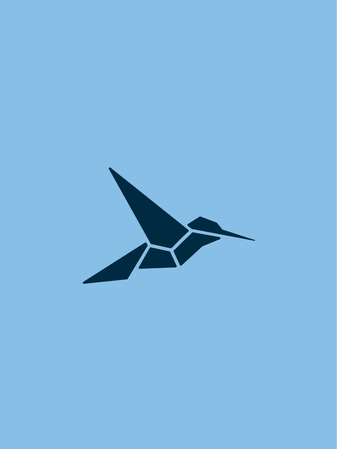 Stylized origami bird silhouette in dark blue on a light blue background.