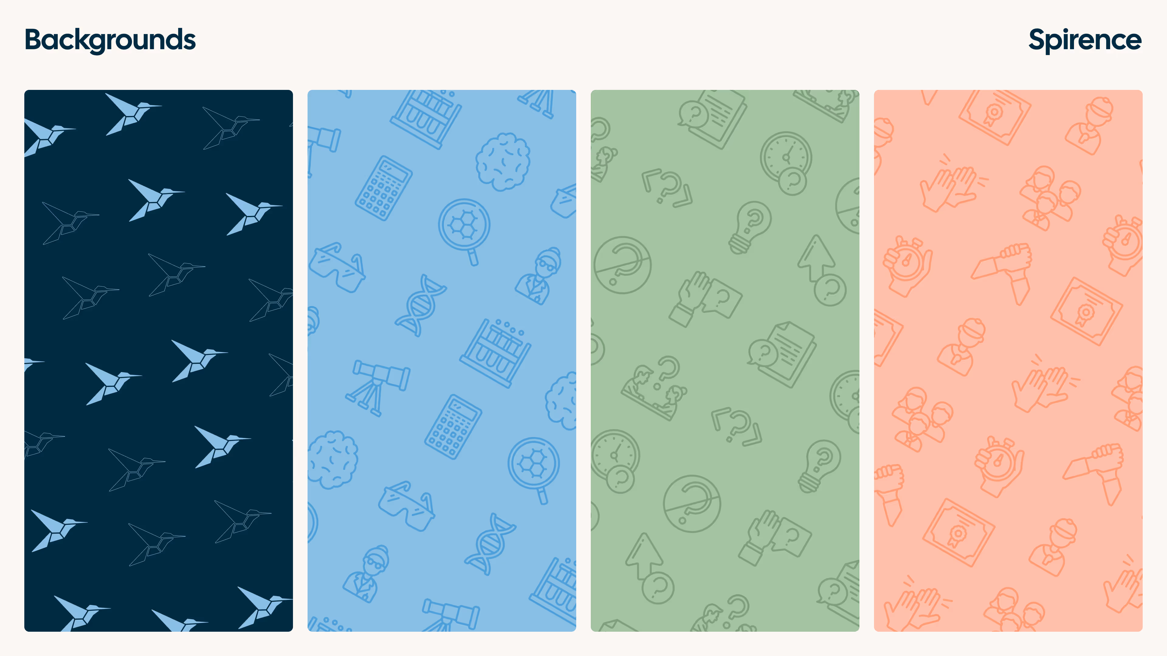 Four vertical panels with different seamless background patterns: dark blue with origami-style hummingbirds, light blue with scientific icons, green with question and idea icons, and peach with teamwork and achievement icons.