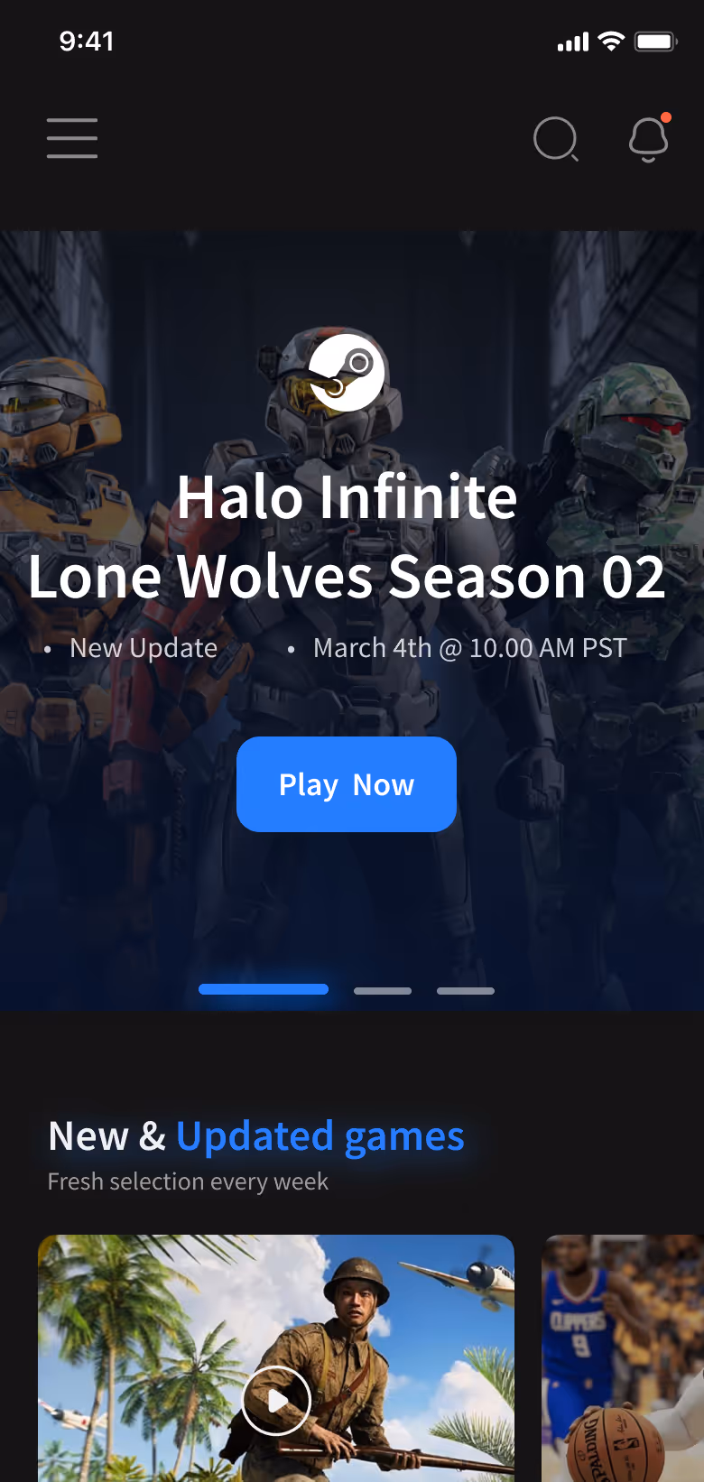 Mobile game app screen showing Halo Infinite Lone Wolves Season 02 update with Play Now button and a section for new and updated games.