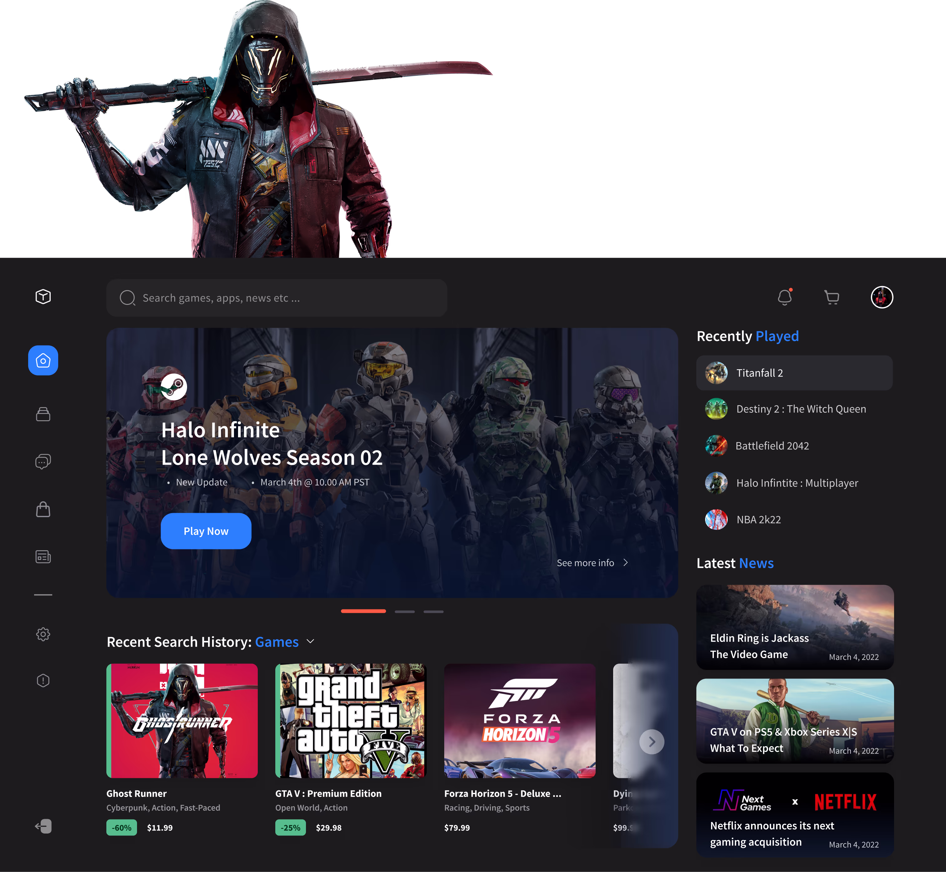 Gaming platform interface with a search bar, sidebar menu, featured game Halo Infinite Lone Wolves Season 02, recent search history including Ghost Runner, GTA V, and Forza Horizon 5, and a news section with gaming headlines.