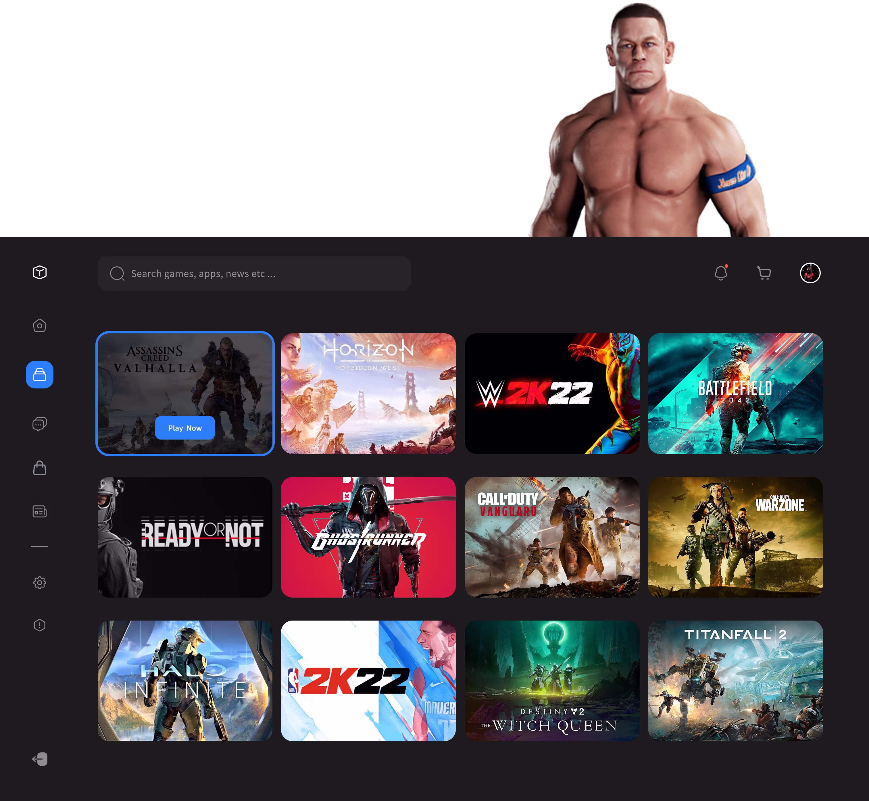 Game library interface showing thumbnails for Assassin's Creed Valhalla, Horizon Forbidden West, WWE 2K22, Battlefield 2042, Ready or Not, Ghostrunner, Call of Duty Vanguard, Call of Duty Warzone, Halo Infinite, NBA 2K22, Destiny 2: The Witch Queen, and Titanfall 2, with a shirtless muscular character above.