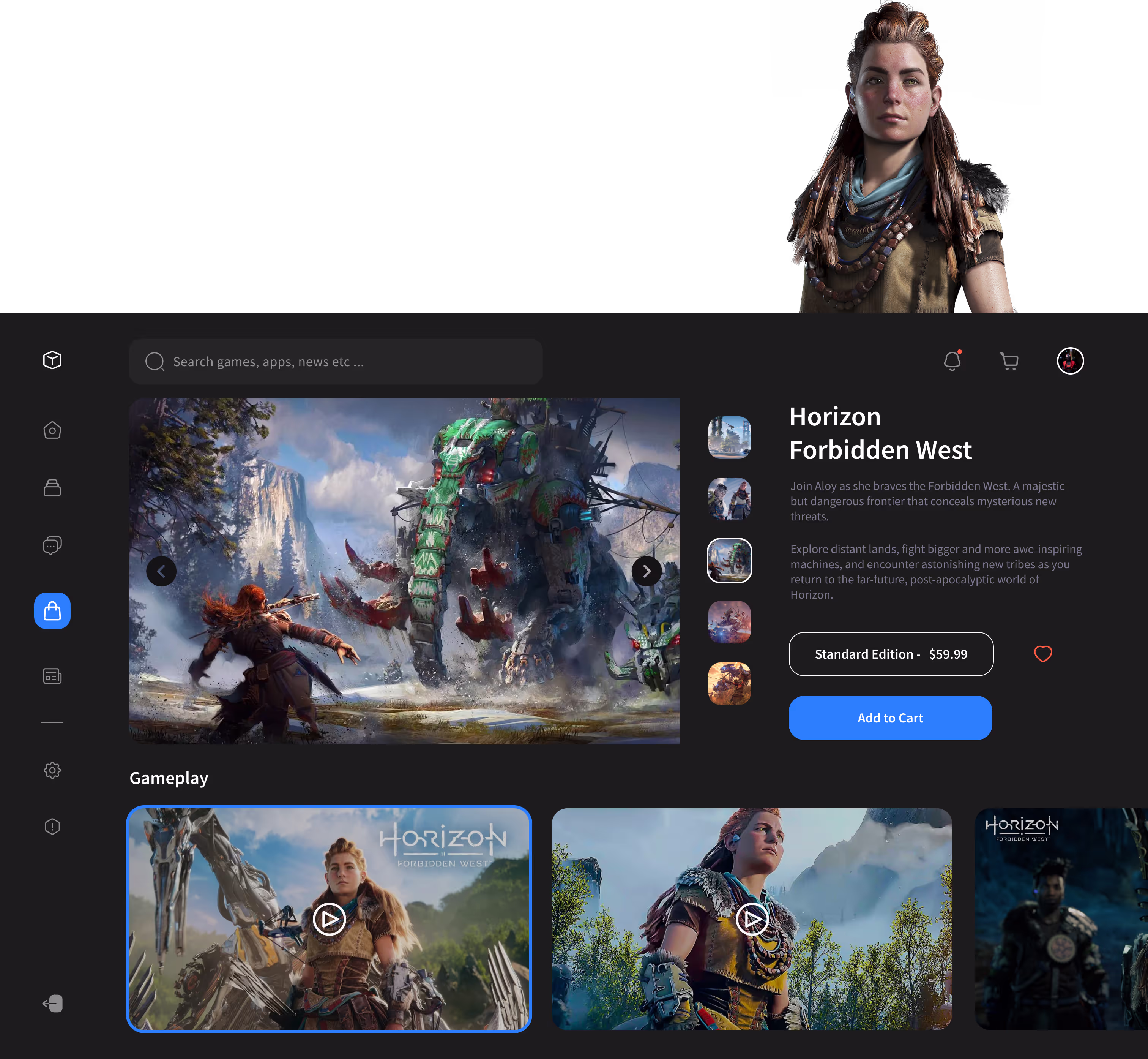 Video game shop interface featuring Horizon Forbidden West with character Aloy facing a large mechanical elephant and other gameplay thumbnails below.