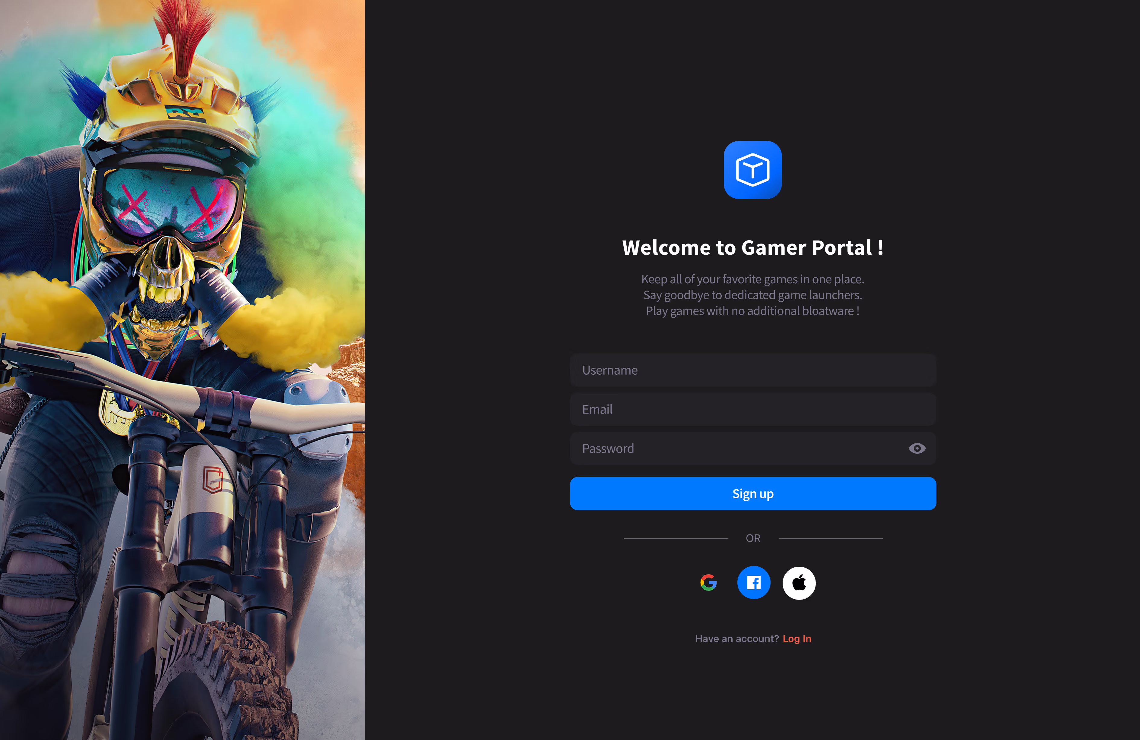 Login screen for Gamer Portal with fields for username, email, password, and social login options beside an image of a biker wearing a colorful helmet and gas mask emitting yellow smoke.