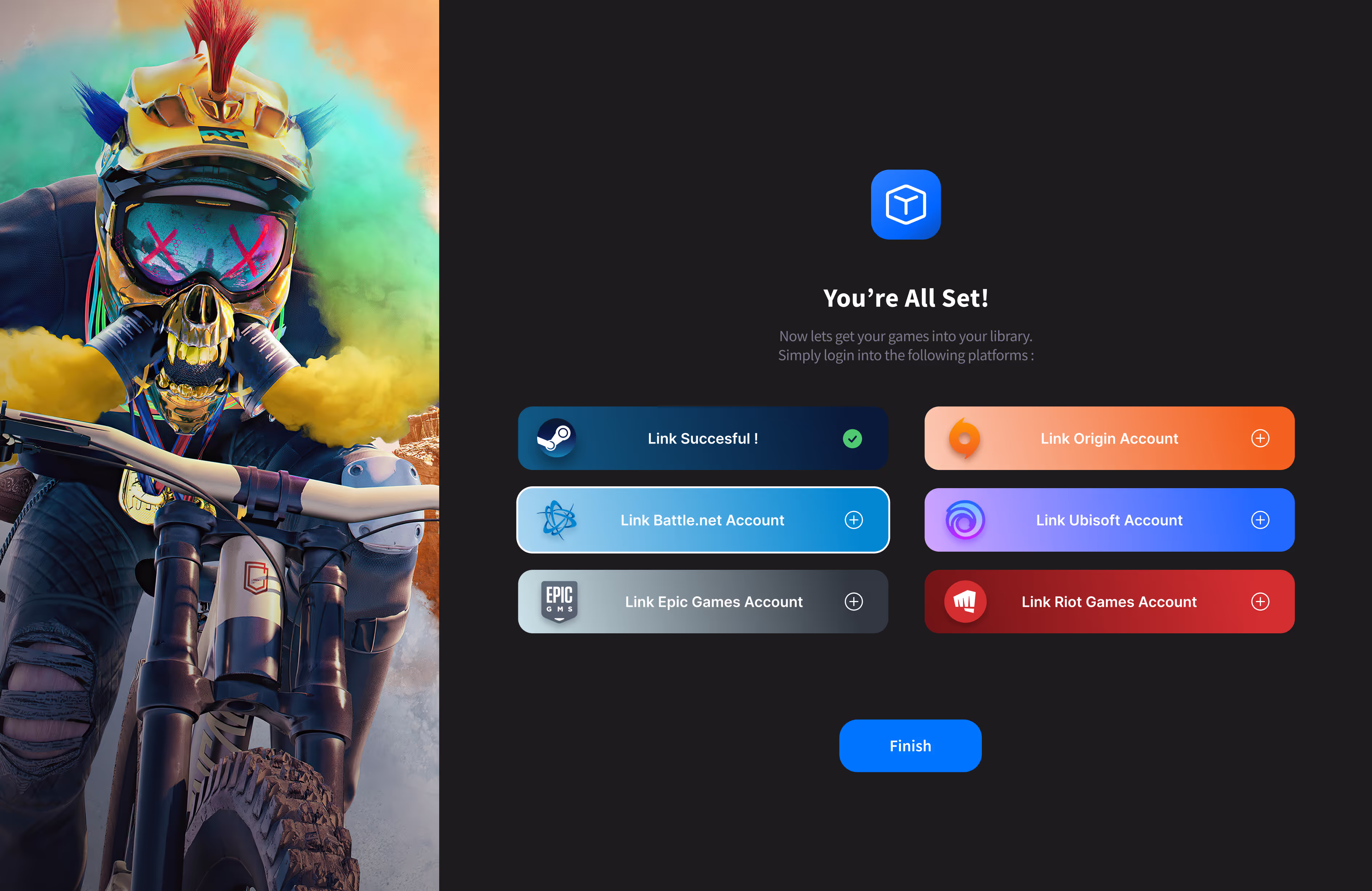 Gaming account linking screen with a cyclist wearing a colorful helmet and mask on the left, and options to link Steam, Origin, Battle.net, Ubisoft, Epic Games, and Riot Games accounts on the right.