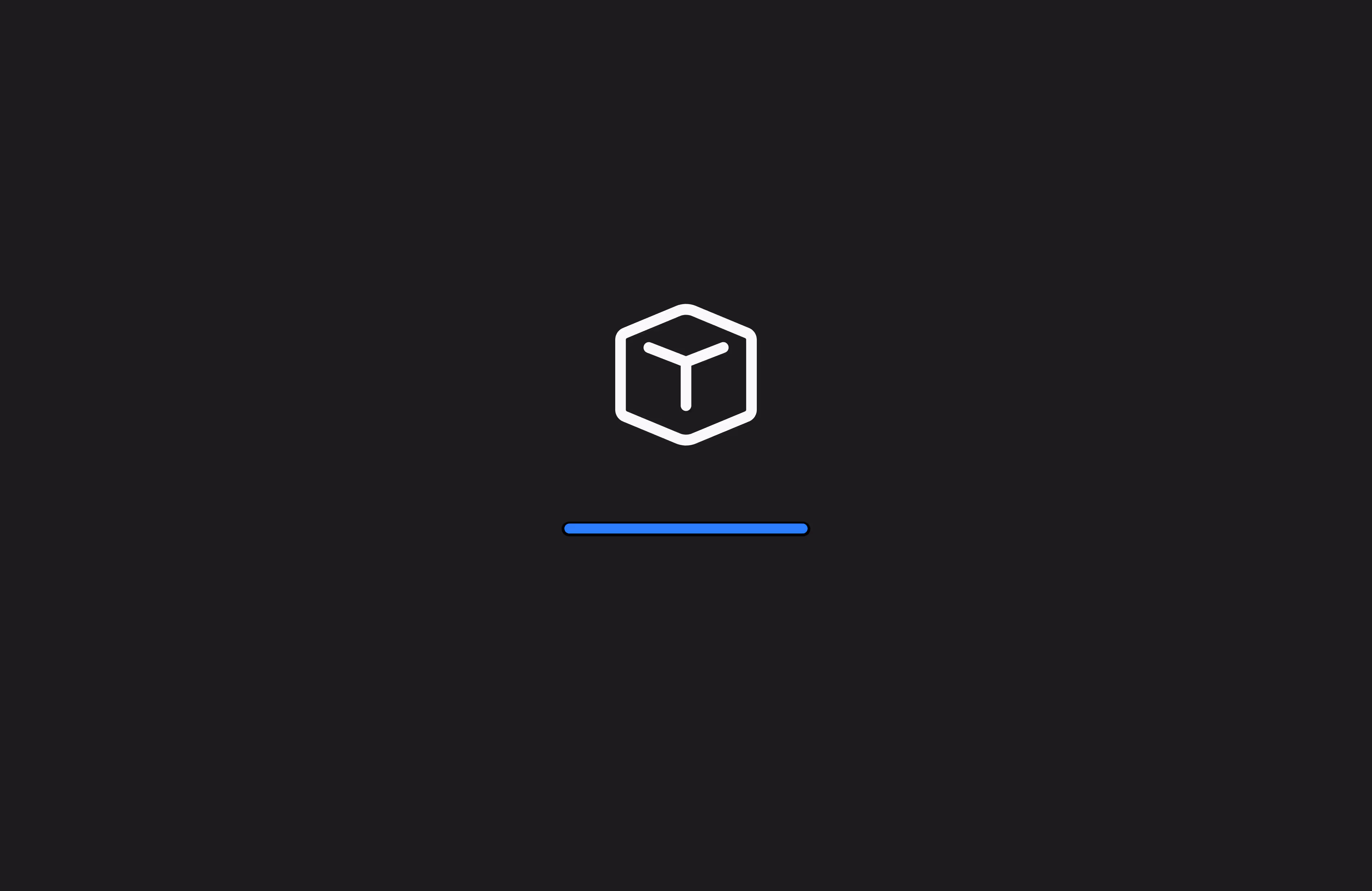 White 3D cube icon above a blue loading bar on a black background.