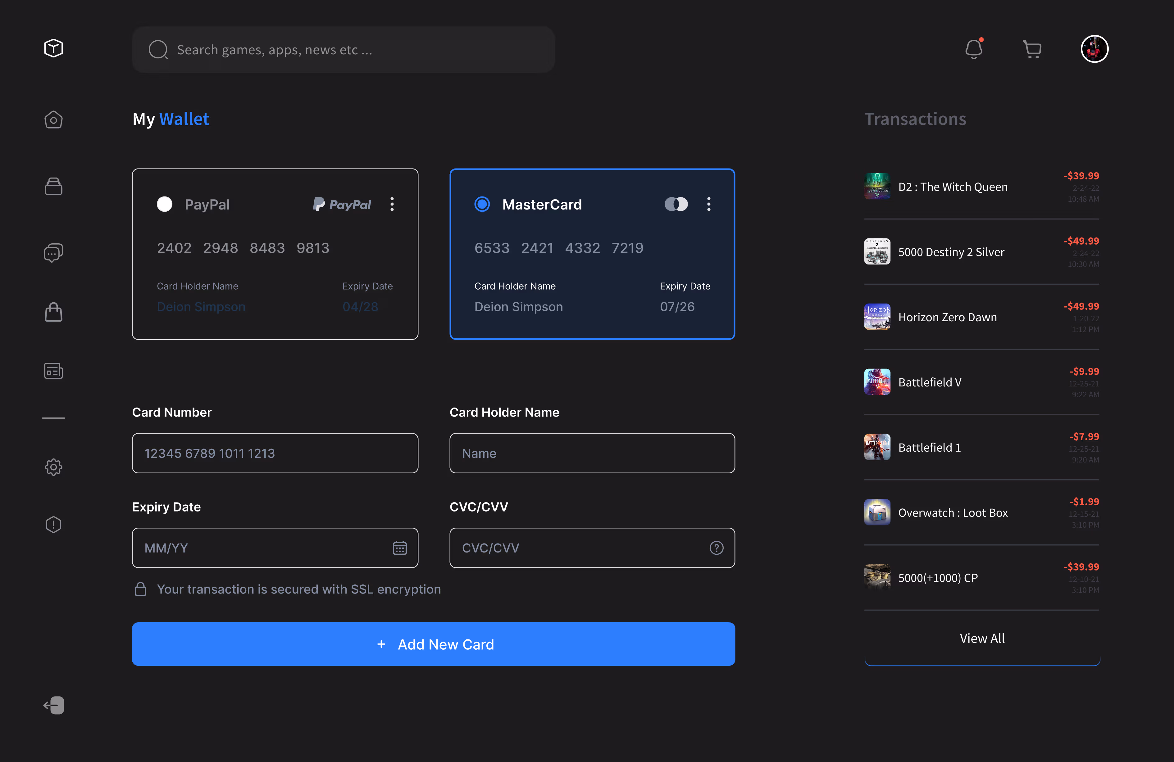 Dark-themed digital wallet interface showing PayPal and MasterCard options, input fields for card details, and recent gaming transactions with amounts.