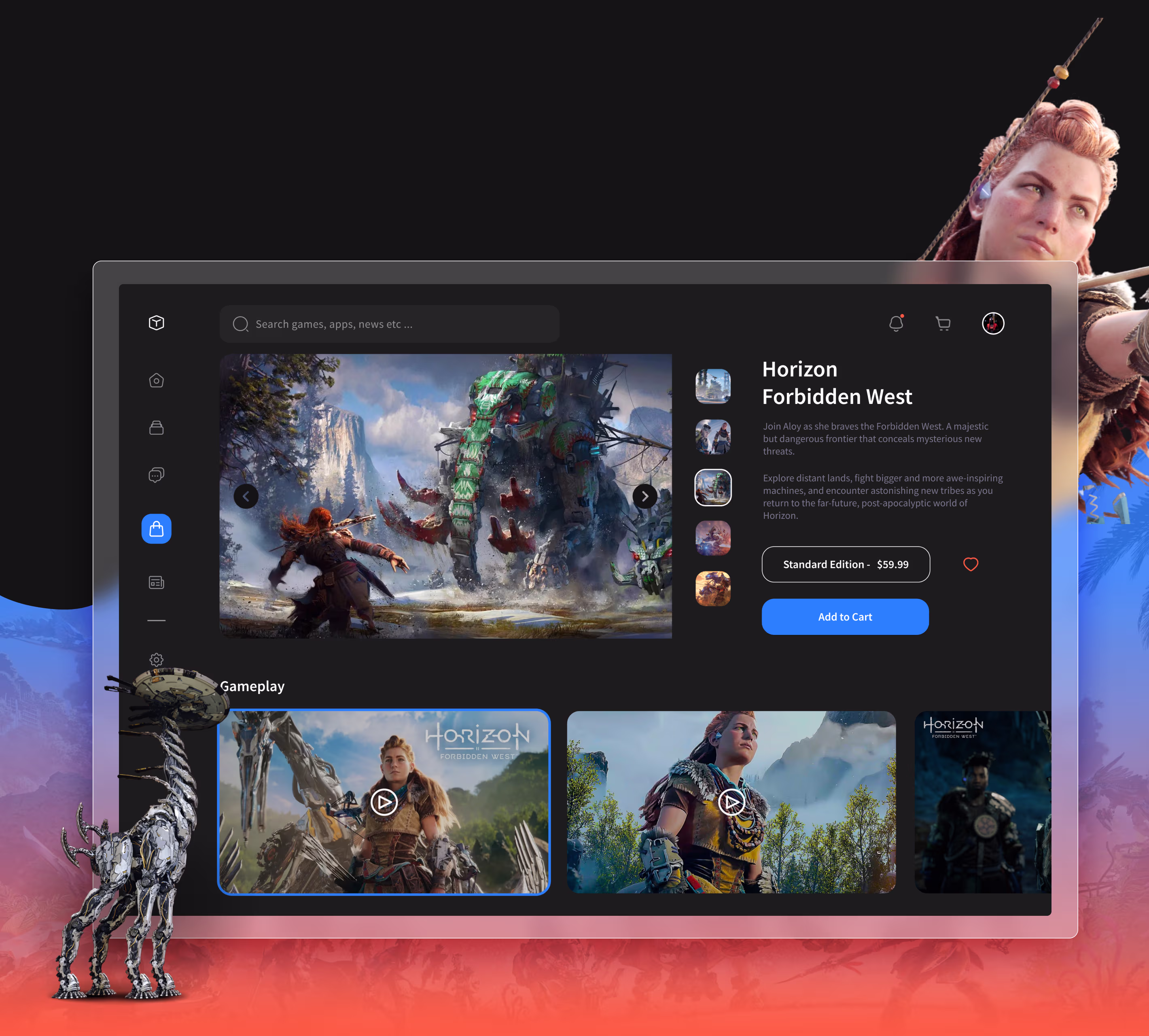 Video game store interface displaying Horizon Forbidden West with gameplay images and purchase options on a dark background with Aloy aiming a bow and a robotic creature.