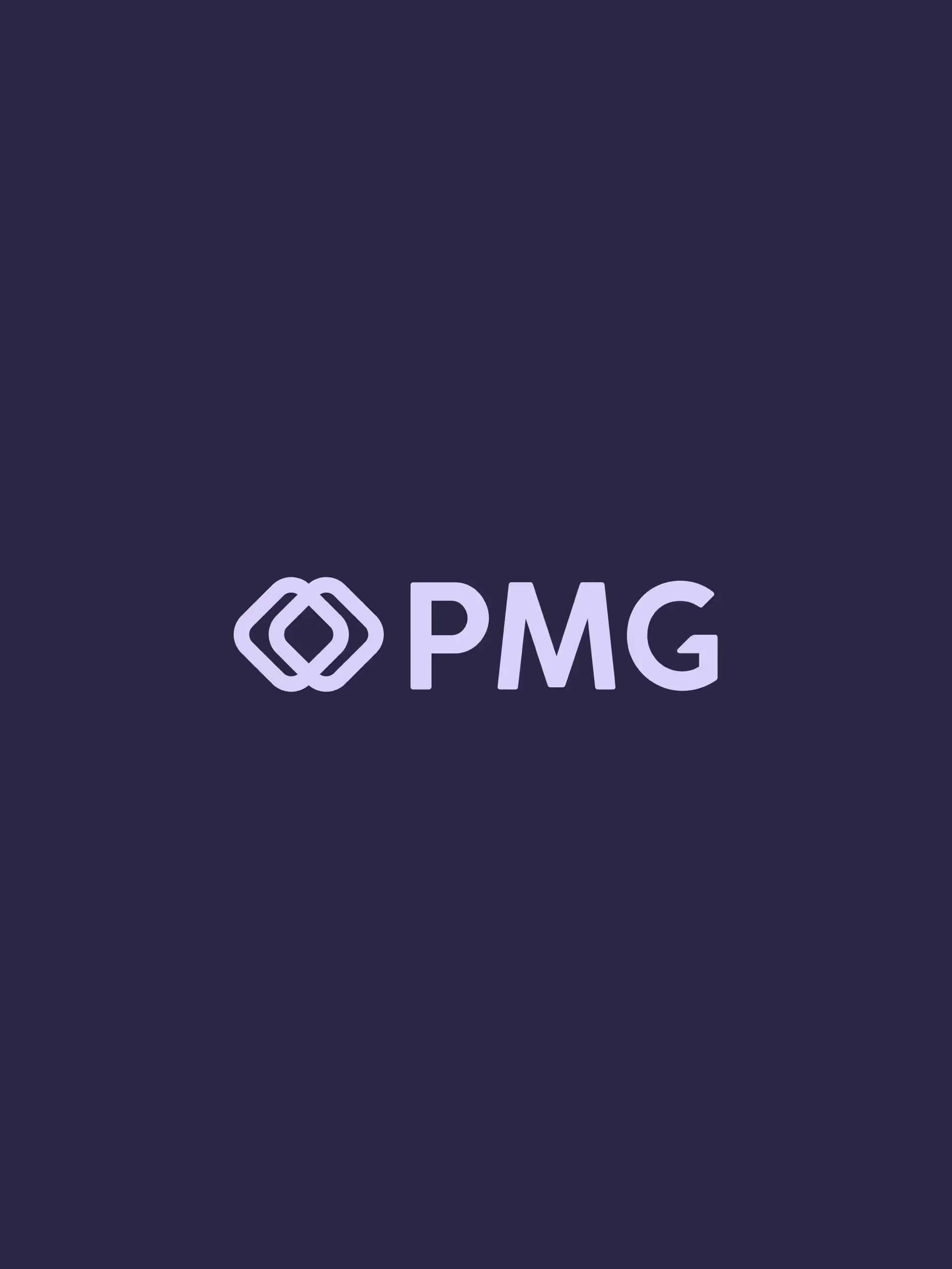 PMG logo with two interlocking diamond shapes to the left of bold letters PMG on a dark purple background.