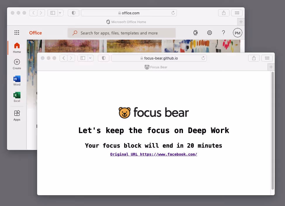 Screenshot of ADHD App: Focus Bear's website blocking feature in action, preventing access to distracting websites for enhanced focus and productivity