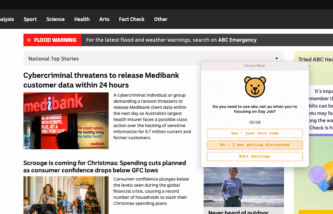 Screenshot of ADHD App: Focus Bear's website blocking feature in action, preventing access to distracting websites for enhanced focus and productivity