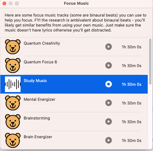 Screenshot of the ADHD App: Focus Bear's Music feature, allowing users to listen to binaural beats for enhanced focus and concentration