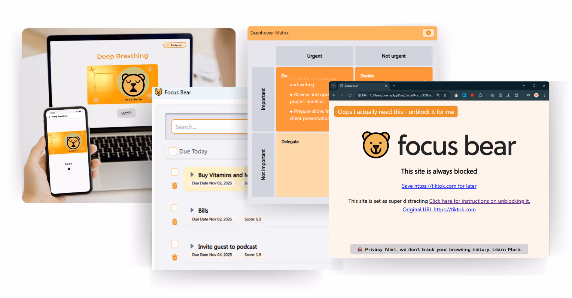 Screenshot of Focus Bear's core features: blocking, routines, todos