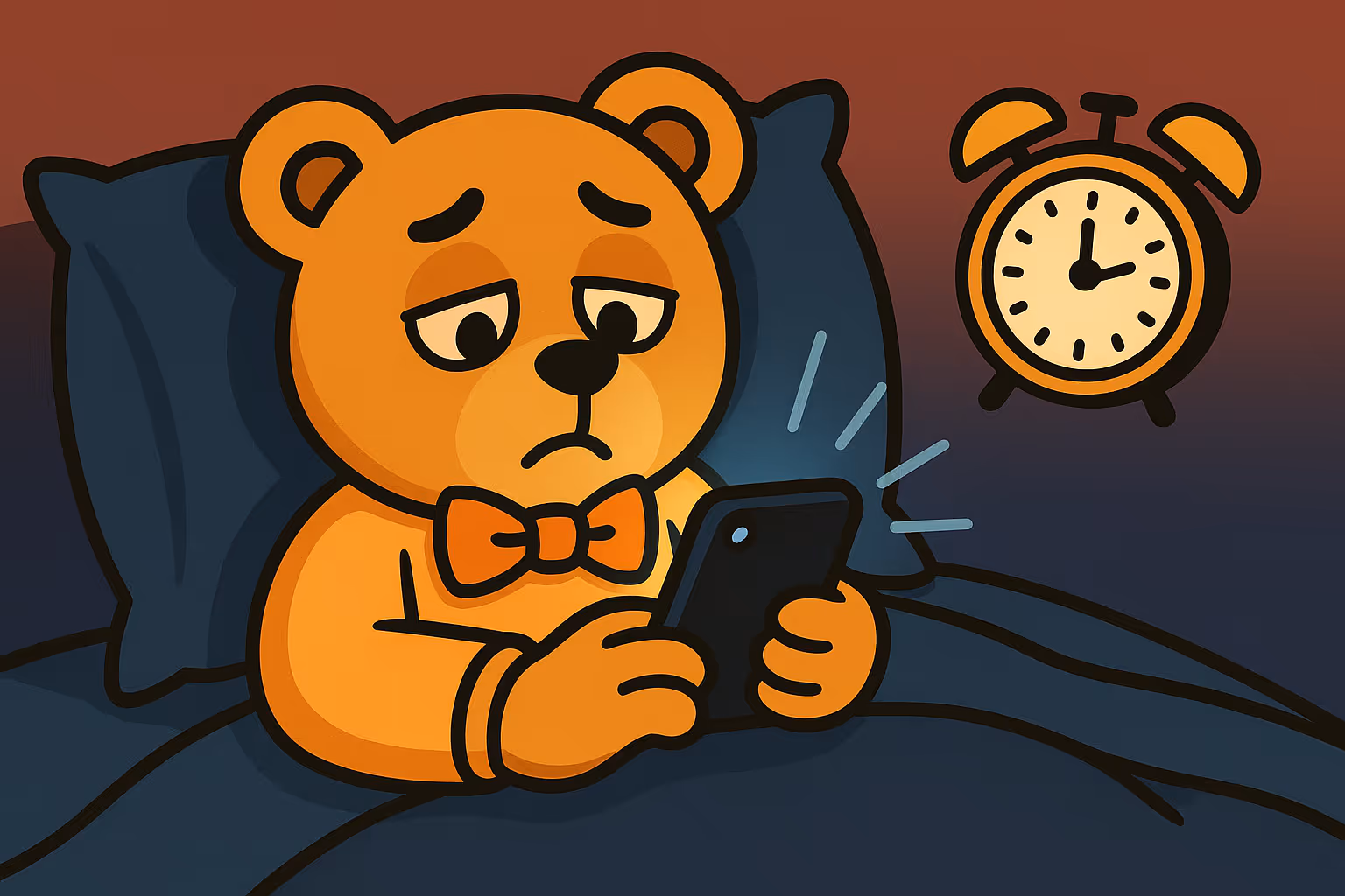 An illustration of a bear doomscrolling during sleep time