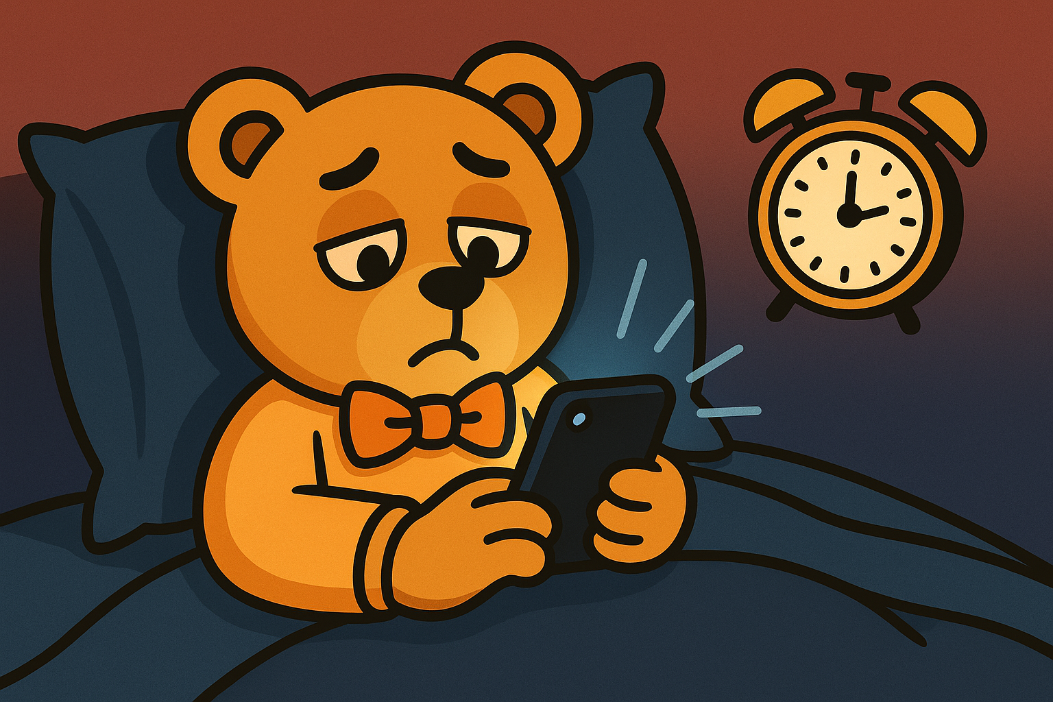 An illustration of a bear doomscrolling during sleep time