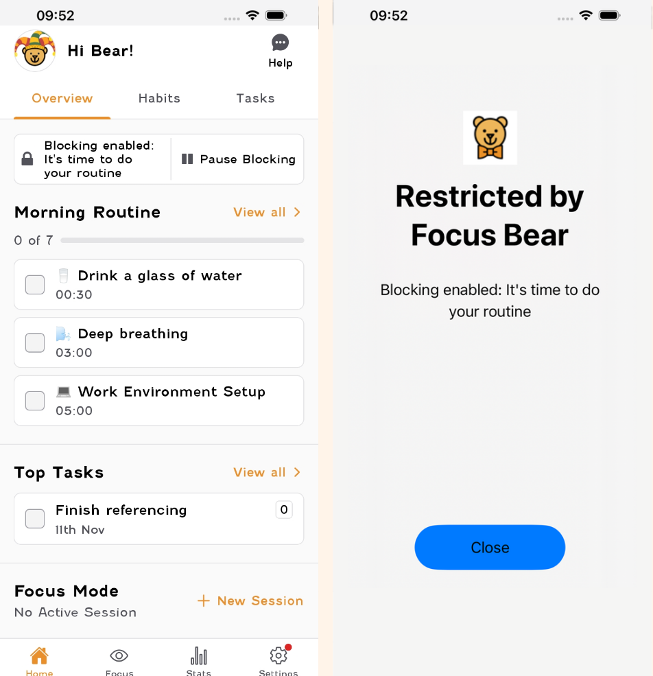 Screenshot of Focus Bear's routine and app blocking feature