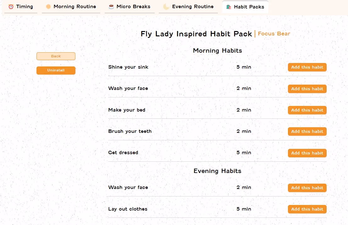 Screenshot of Focus Bear's Habit Pack feature