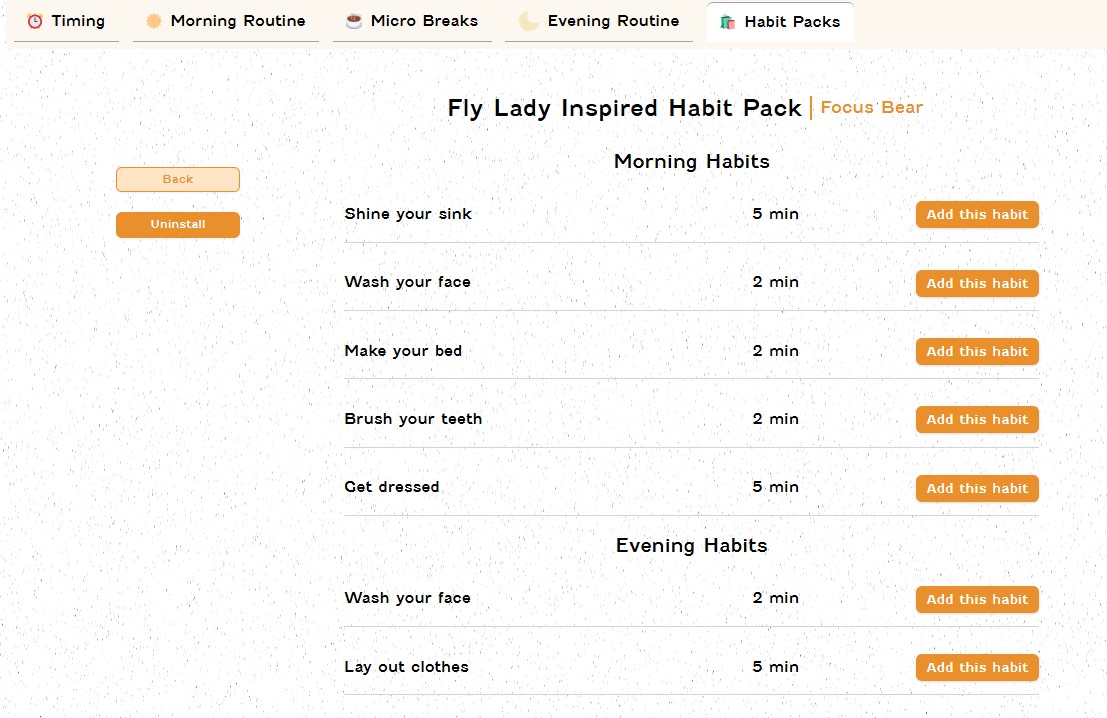 Screenshot of Focus Bear's Habit Pack feature