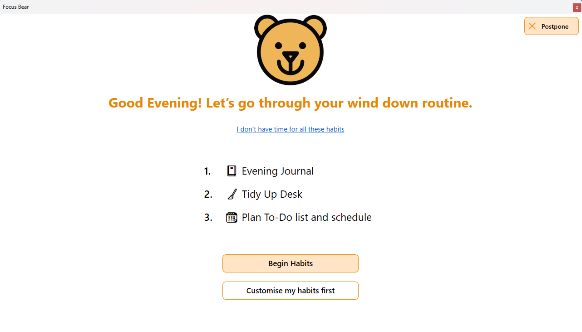 Screenshot of Focus Bear's guided routine feature