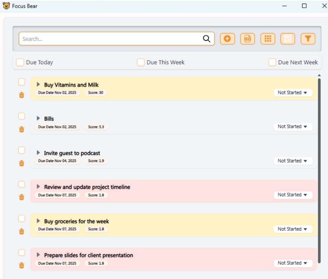 Screenshot of Focus Bear's To Do List feauture