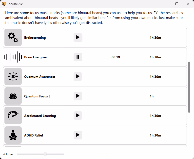Screenshot of Focus Bear's Focus Music feature