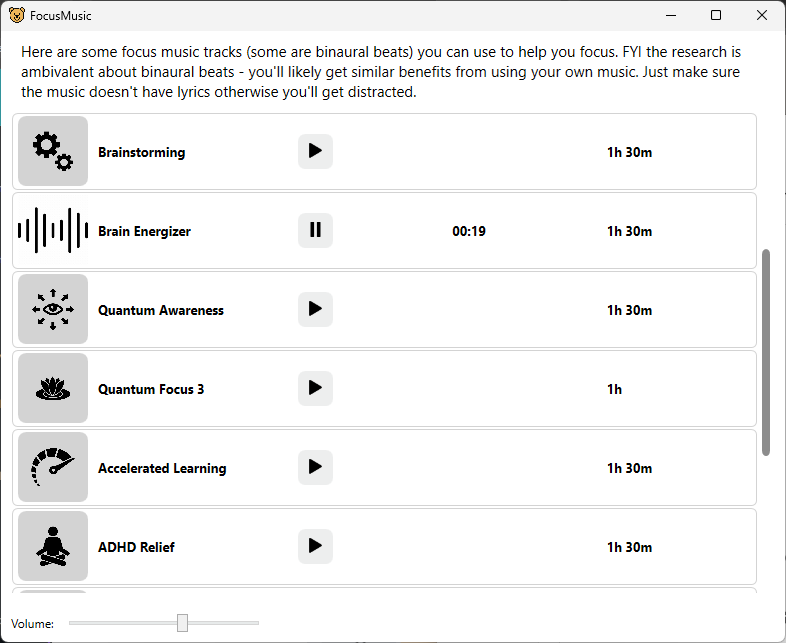 Screenshot of Focus Bear's Focus Music feature